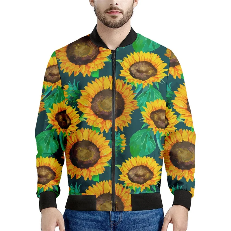 Fashion Sunflower Zipper Jacket For Men 3d Printed Plants Floral Bomber Sweatshirts Tops Street Long Sleeves Oversized Coats