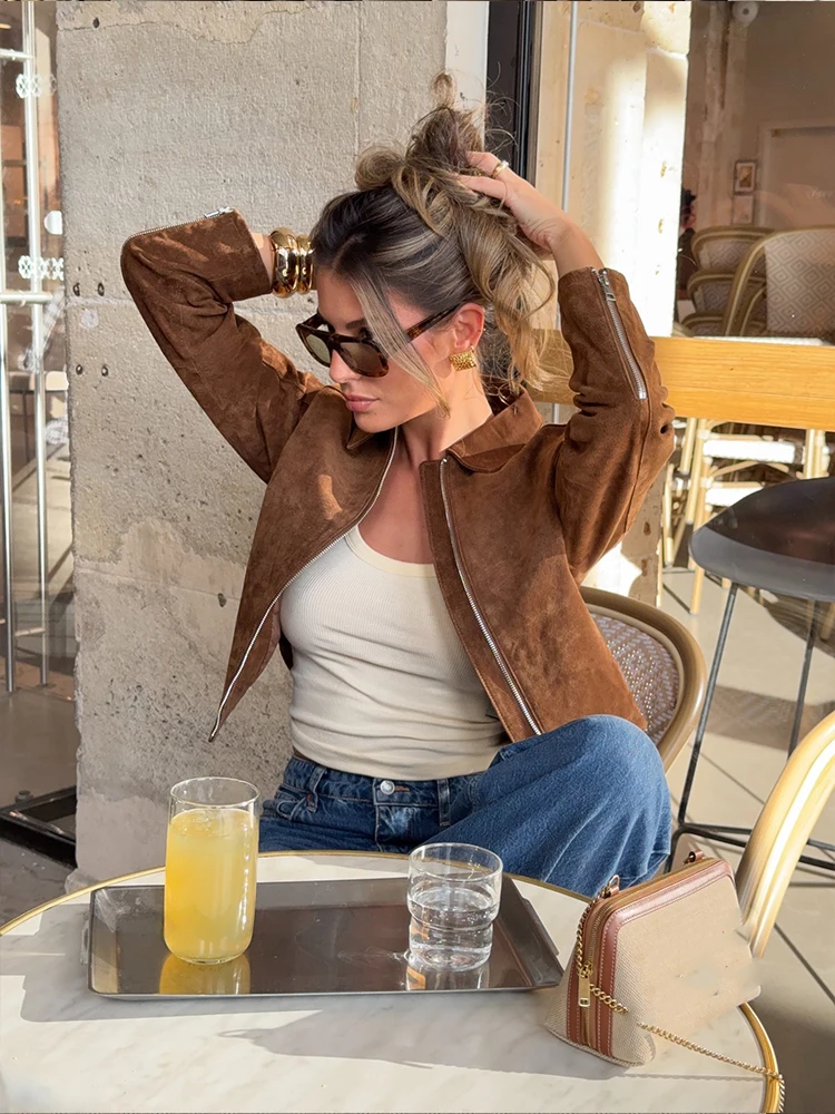 HH Women's Autumn New Fashion Popular Lapel Short Pure Leather Jacket Female Temperature Versatile Zipper Pocket Slim Coat