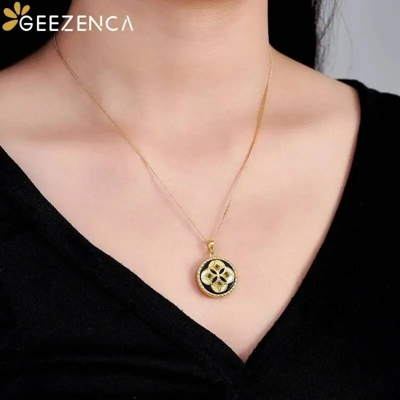 GEEZENCA Real 925 Silver Gold Plated Onyx Round Disc Pendant Women Tourmaline Clover Double Side Necklace Pendants Without Chain