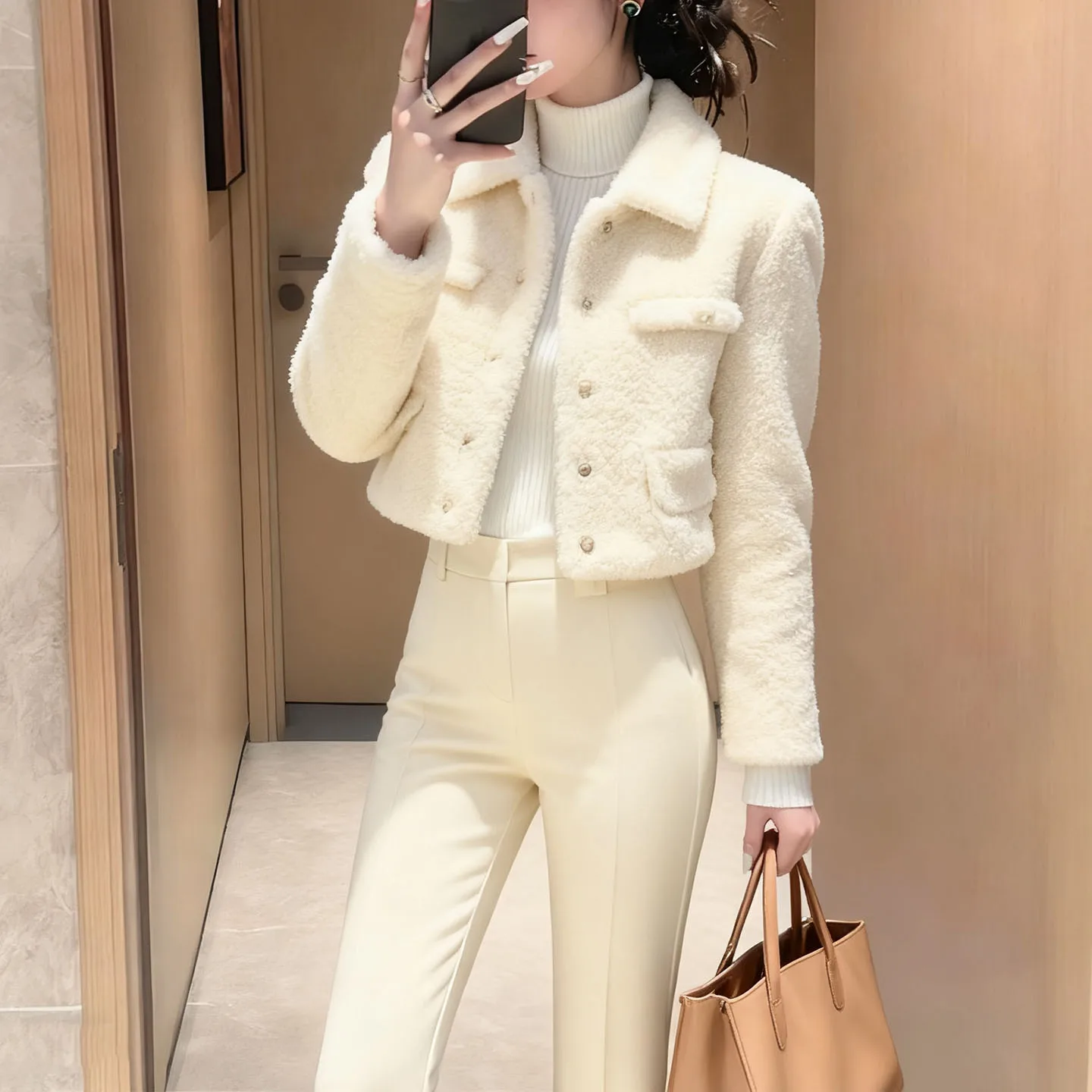 Women's Elegant White Lamb Wool Short Coat Autumn 2026 Lapel Top High-End Casual Outwear with Long Sleeves All-match Luxury Clot