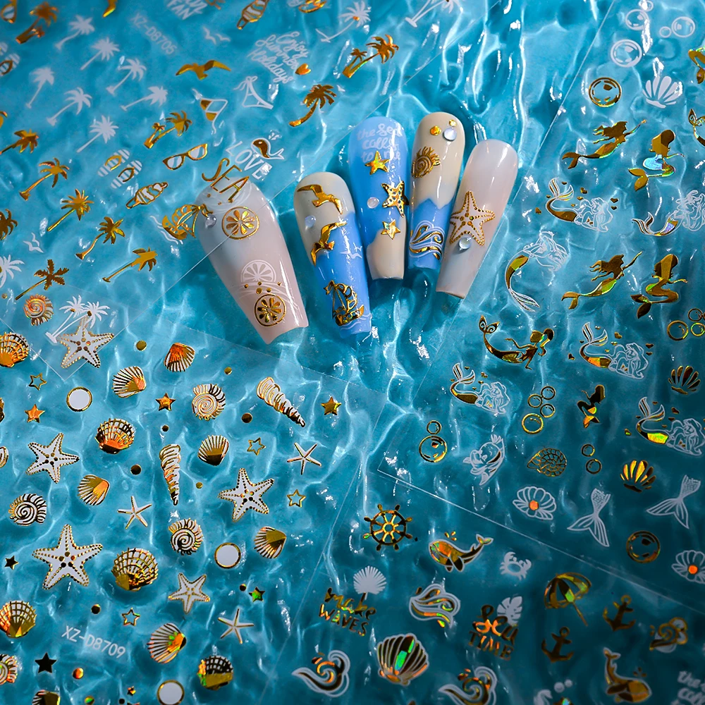 1Pcs 5D Summer Beach Shell Starfish Mermaid Nail Sticker Hot Stamping Ocean Element Conch Decals Self-Adhesive Manicure Sliders