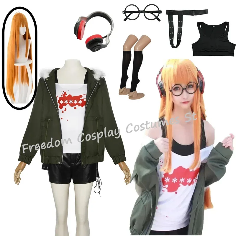 ♥   Nuevo disfraz de cosplay Futaba Sakura 2026, peluca para mujer, conjunto completo de uniforme para Halloween, abrigo informal, camisa, gafas, auriculares ★ Casa del Oso
