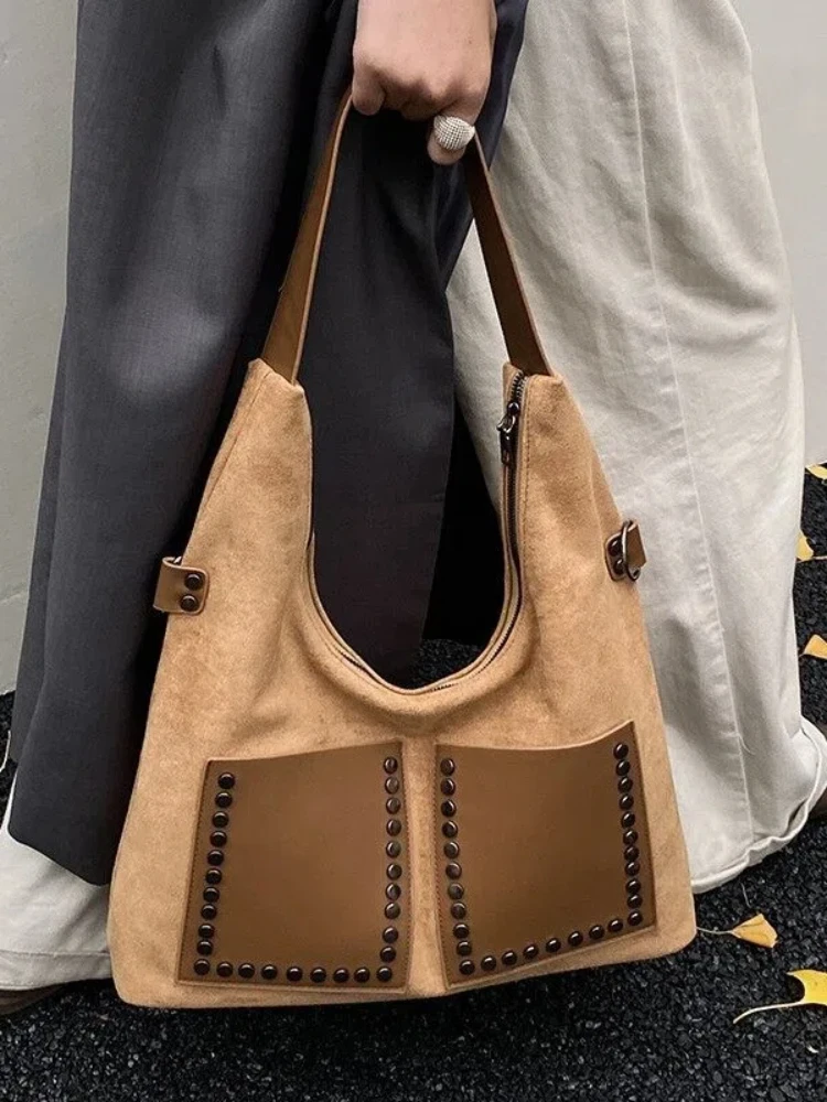 

Casual Studded Shoulder Hobo Bag For Women Square PU Leather Suede Tote Handbag With Big Pocket For Commuter