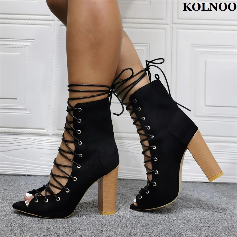 

Kolnoo New Real Photos Handmade Ladies Chunky Heels Pumps Crisscross Shoelace Peep-toe Evening Party Daily Fashion Black Shoes