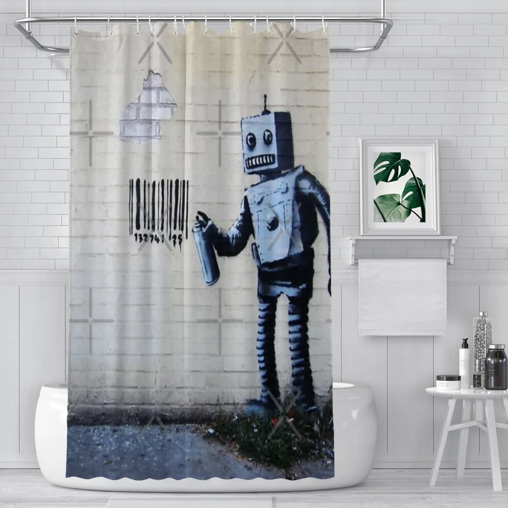 

Shower curtain Bathroom Banksy graffiti smiling Robot and barcodes Better Out Than In New York City residency on brick