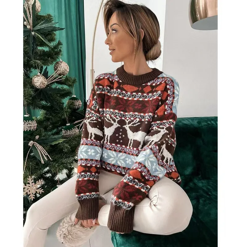 Natal veado jacquard camisola de malha feminina jumper o pescoço manga longa inverno pulôver topos moda coreana camisola y2k roupas