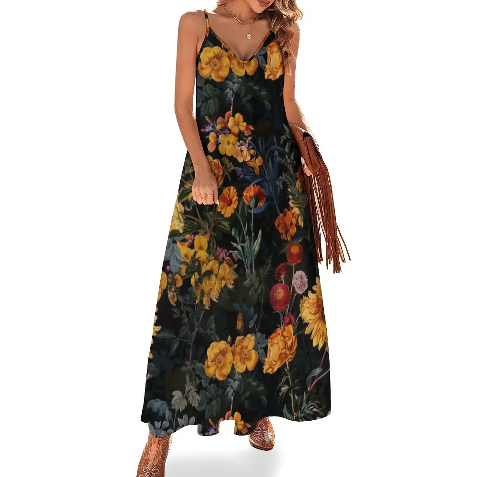 Vintage Botanical Golden Night Garden Sleeveless Dress Women's summer long dress women long dresses Dress