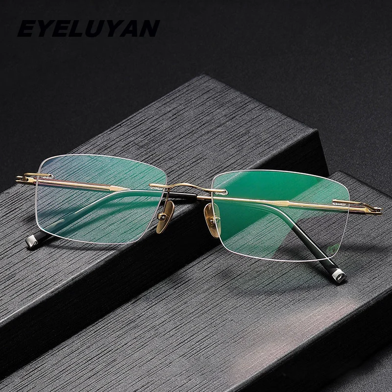 Eyeluyan High-quality Natural Rosewood Pure Titanium Rimless Glasses Men Square Prescription Eyeglasses Frames Eyewear YJ113