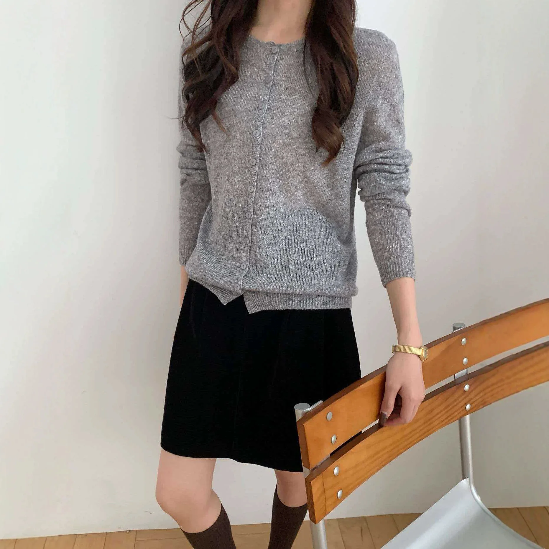 Autumn new gentle and elegant style, simple and easy-matching round neck linen wool knitted cardigan sweater
