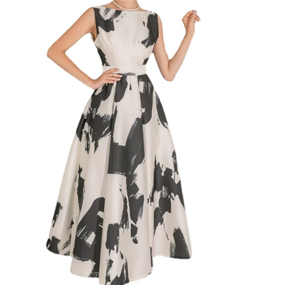

New printed round collar sleeveless high waist A line dress women umbrella