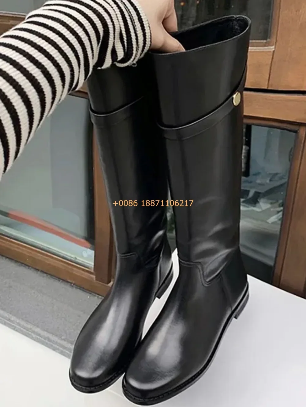 Genuine Leather Knee-High Knight Boots 2024 Autumn Black Fashion Women's Office Casual Boots Round Sexy Thick Heel Leather Boots