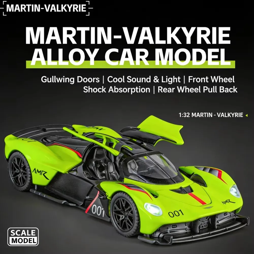 1:32 Aston Martin Valkyrie legering speelgoedauto, geluid en licht, terugtrekbare, goudvleugeldeuren