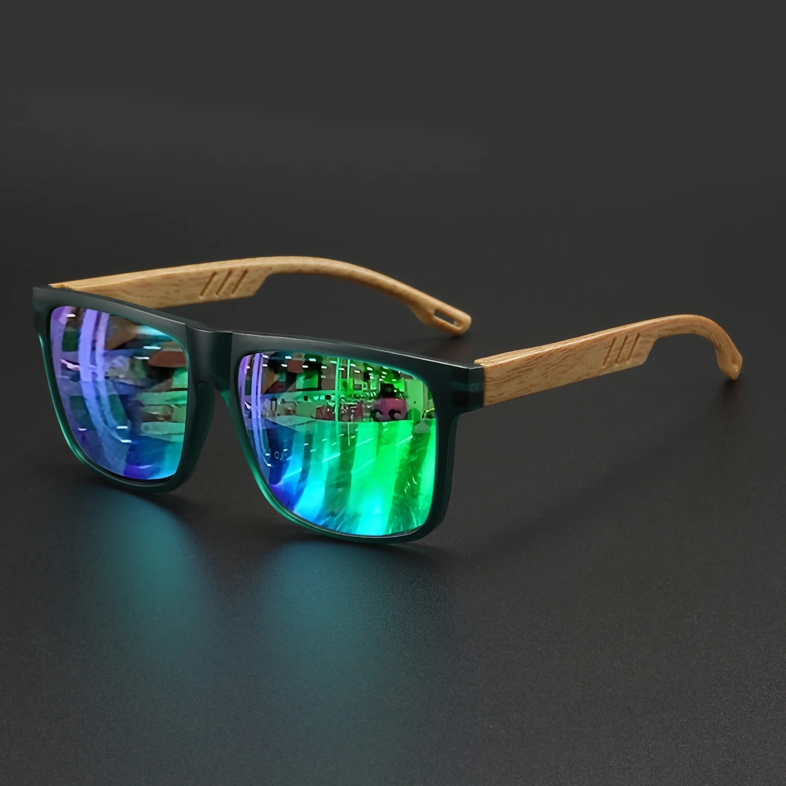 Nieuwe mode vierkante zonnebril - houtnerf veerscharnier, UV400 unisex voor autorijden, wandelen en reizen