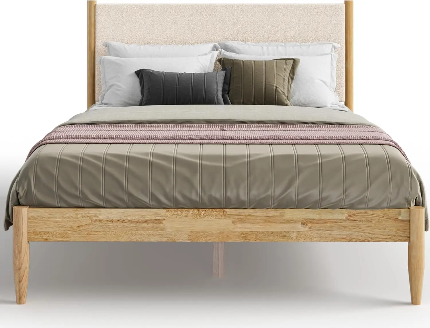 

Mid-Century Modern Platform Queen Bed Frame - Taupe Boucle Upholstered Bed with Natural Solid Wood Frame