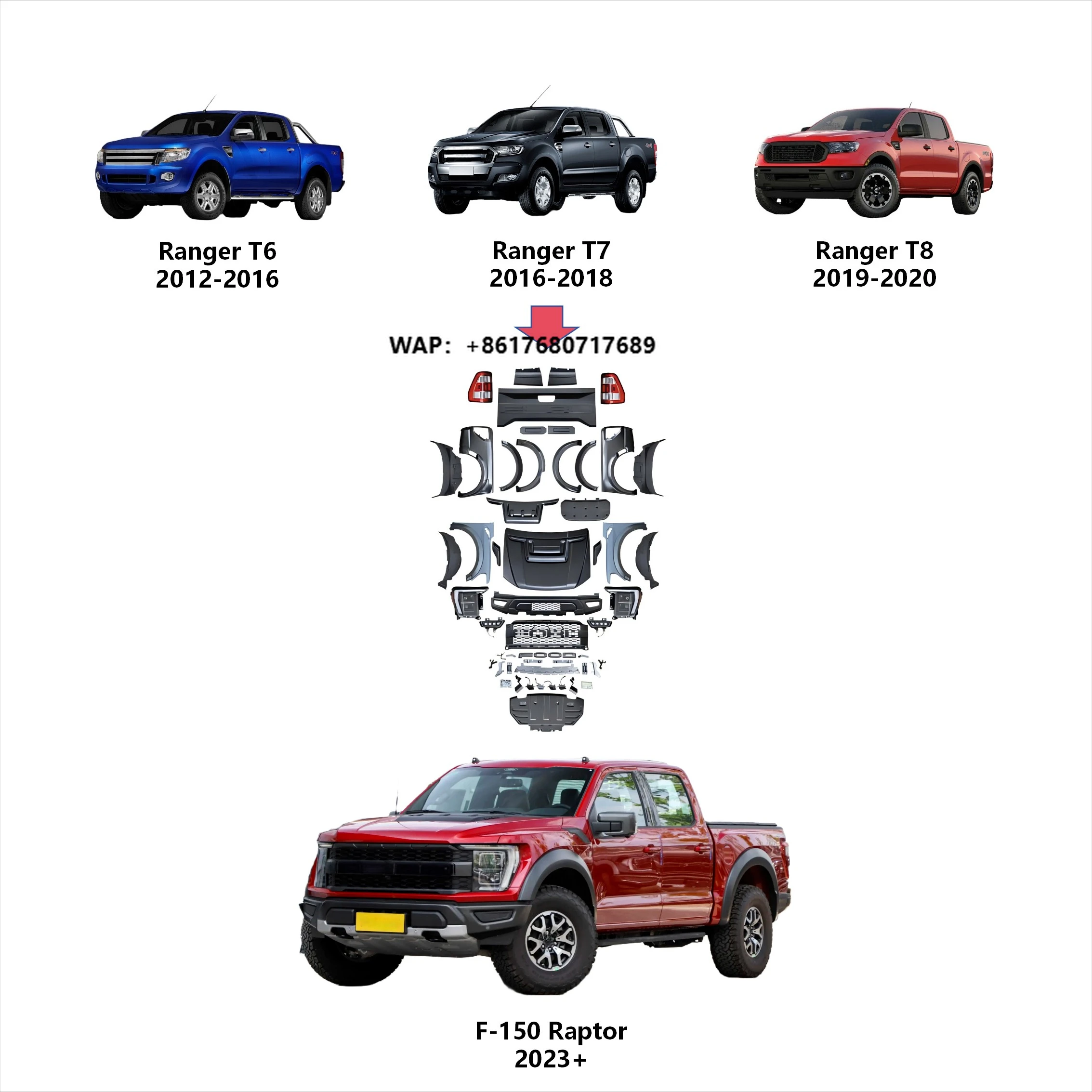 Car Body Kits for Ranger 2012-2021upgrade to 2021 F-150 raptor Bumpers Hood Fender Headlight Taillight Auto Body System
