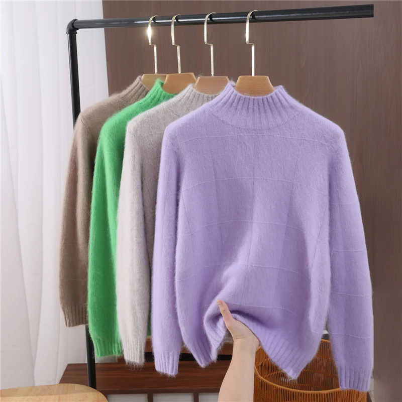 Осень-зима 2022, женский свитер из 100% норки и кашемира, пуловер с воротником-стойкой, базовая повседневная мягкая теплая нижняя одежда, норковые кашемировые топы