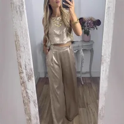 Elegant O-neck Vest Top & Long Pant Outfits 2025 Women Casual Sleeveless Pocket Loose Suit Office Fashion Commuter Solid 2Pc Set