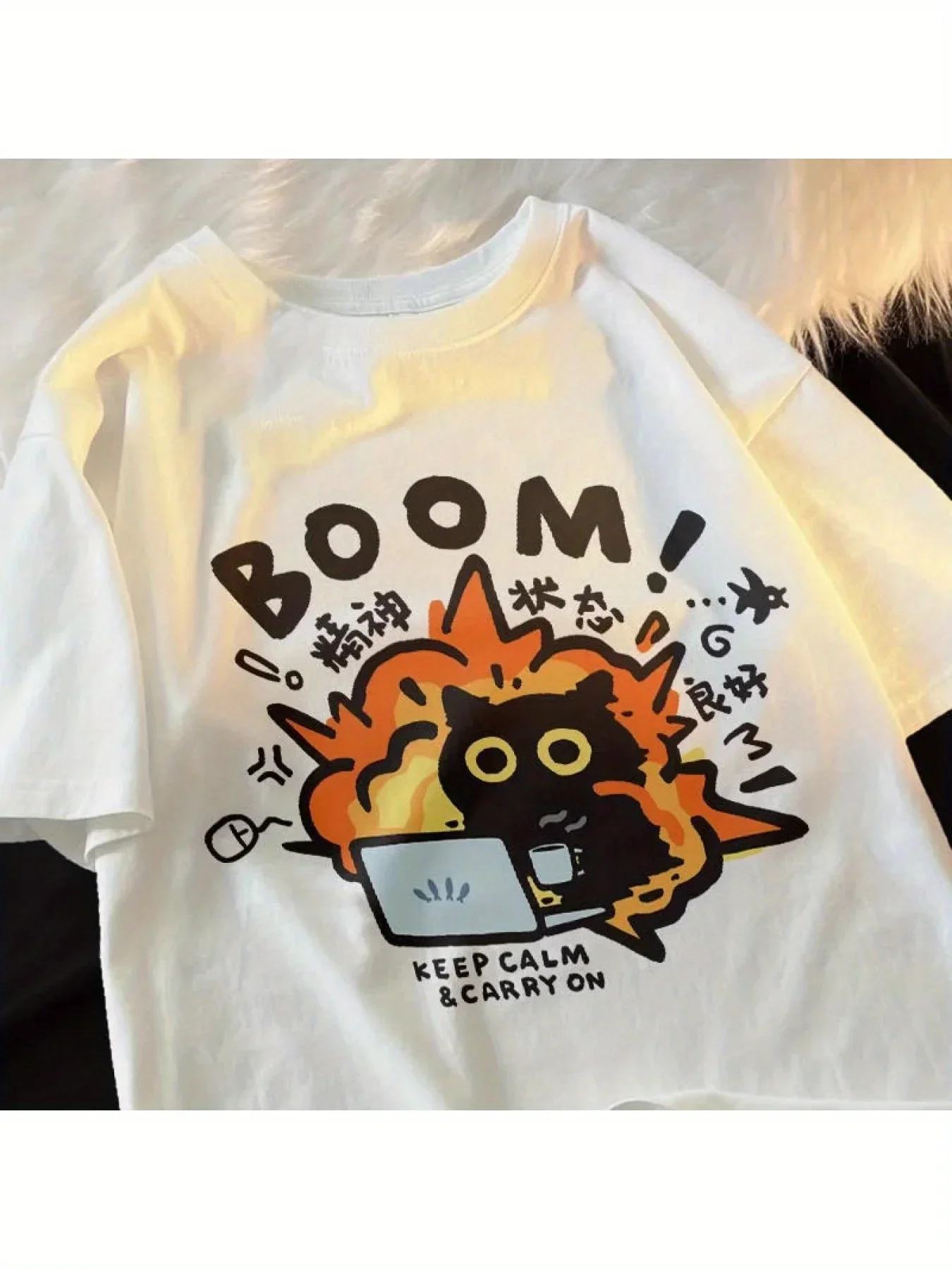 Pop Good Mental State Pure Cotton Short Sleeved T-shirt For Men Women 2025 Summer New Tee Clothes Loose Casual Cartoon Oversized