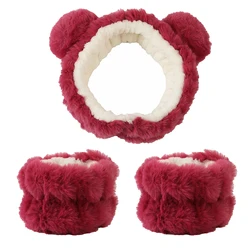 3Pcs Strawberry Bear Plush Hairband Wash Face Headwear Accessories for Girls Gifts Headband Wristband Kits