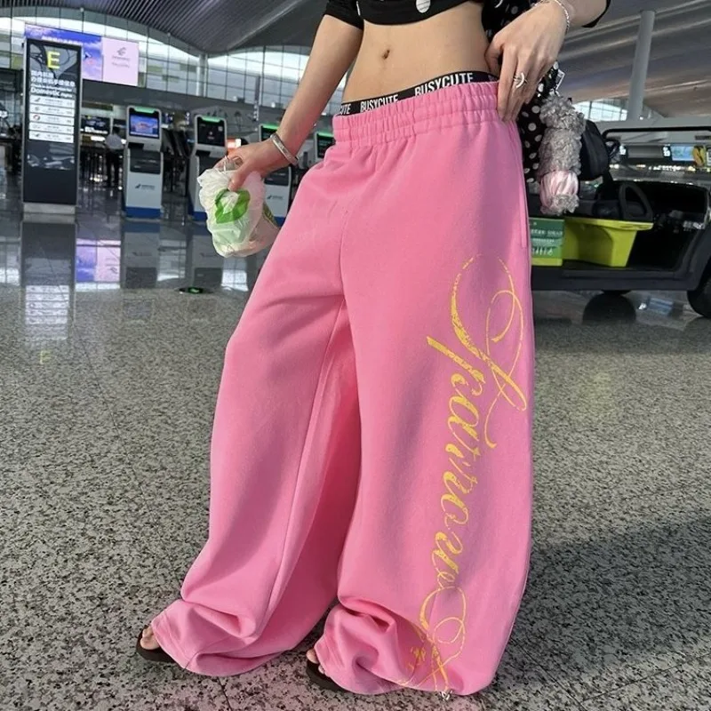ดีปทาวน์ พิงค์สตาร์กราฟิกพิมพ์ผู้หญิงกางเกงขากว้างจ๊อกกิ้งอเมริกันเรโทรตรงกางเกงวอร์มแบ็กกี้ฮิปฮอปกางเกงลำลอง