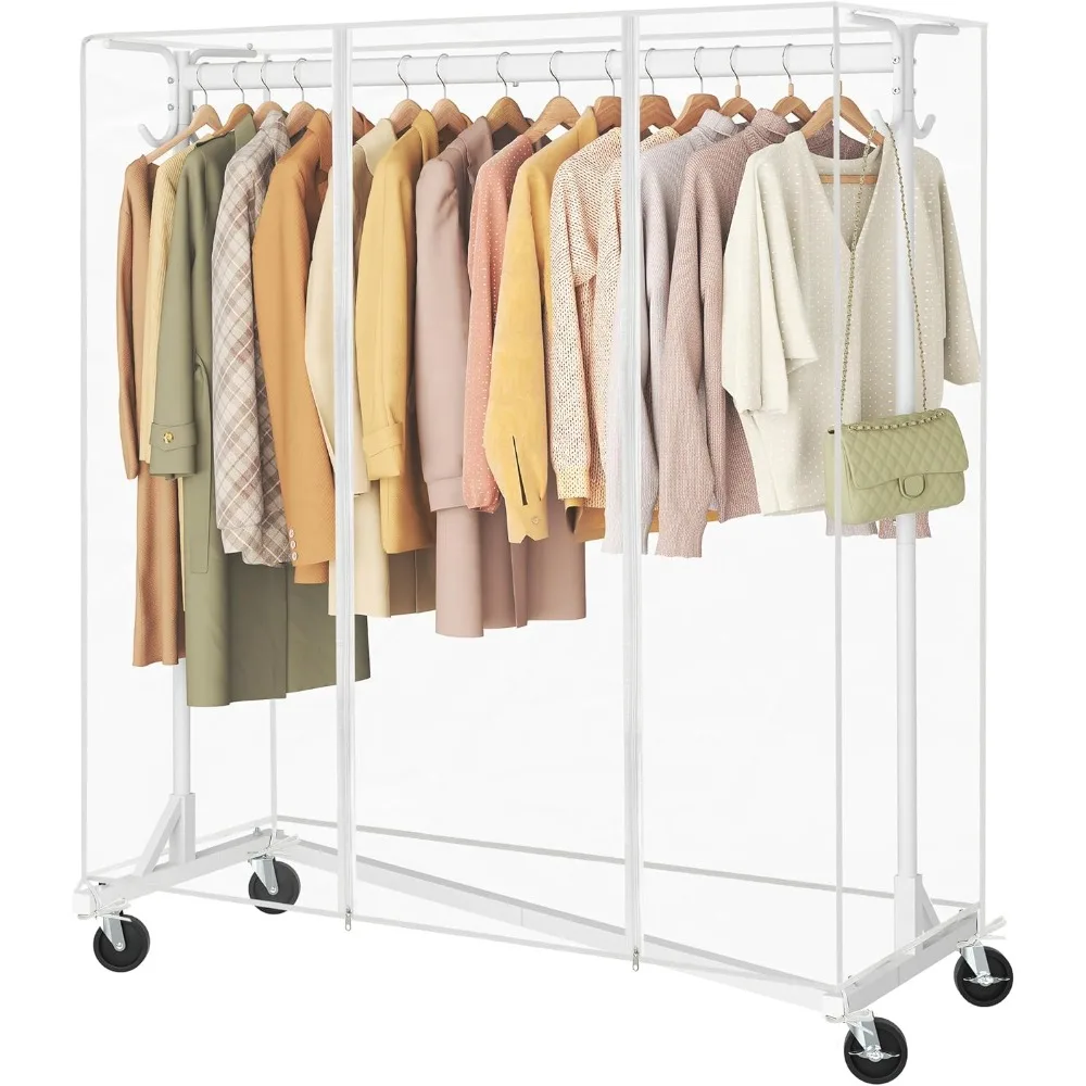 

Metal Heavy-Duty Rolling Garment Rack with Dustproof Cover and Wheels
