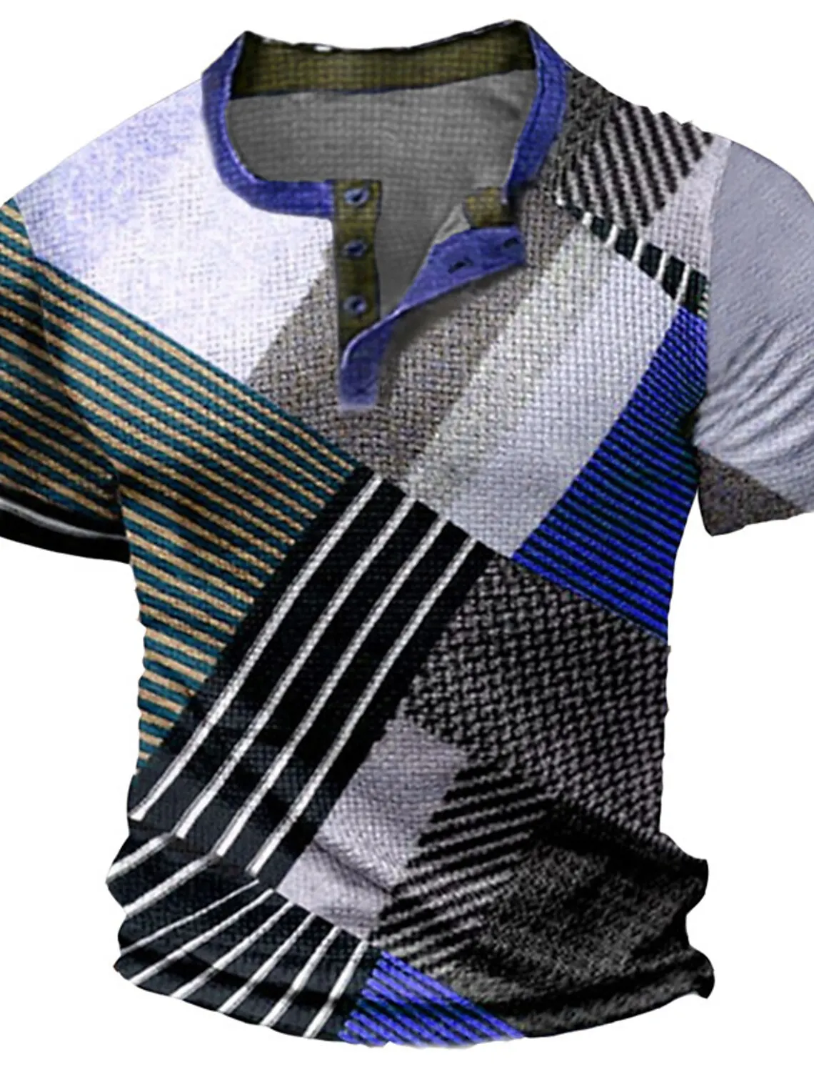 Sommer Vintage Herrenhemd mit Kreuzmuster, Kurzarm, Lässiger V-Ausschnitt, Knopfleiste, Übergroßes Herren-Patchwork-T-Shirt, Karierte Oberteile, Streetwear – Detail 8