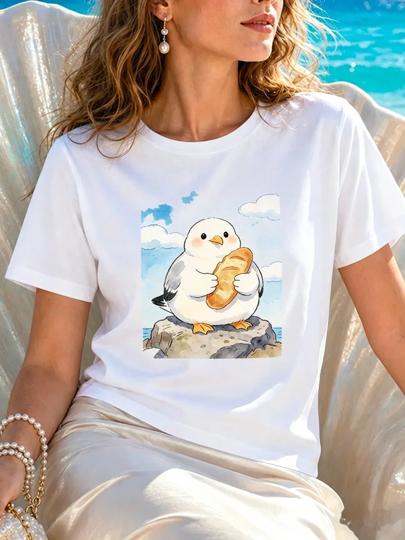 Watercolor Cartoon Seagull Graphic T Shirt Blue Sky Cloud Rock Background Breathable Cotton Short Sleeve Ladies Seaside Top