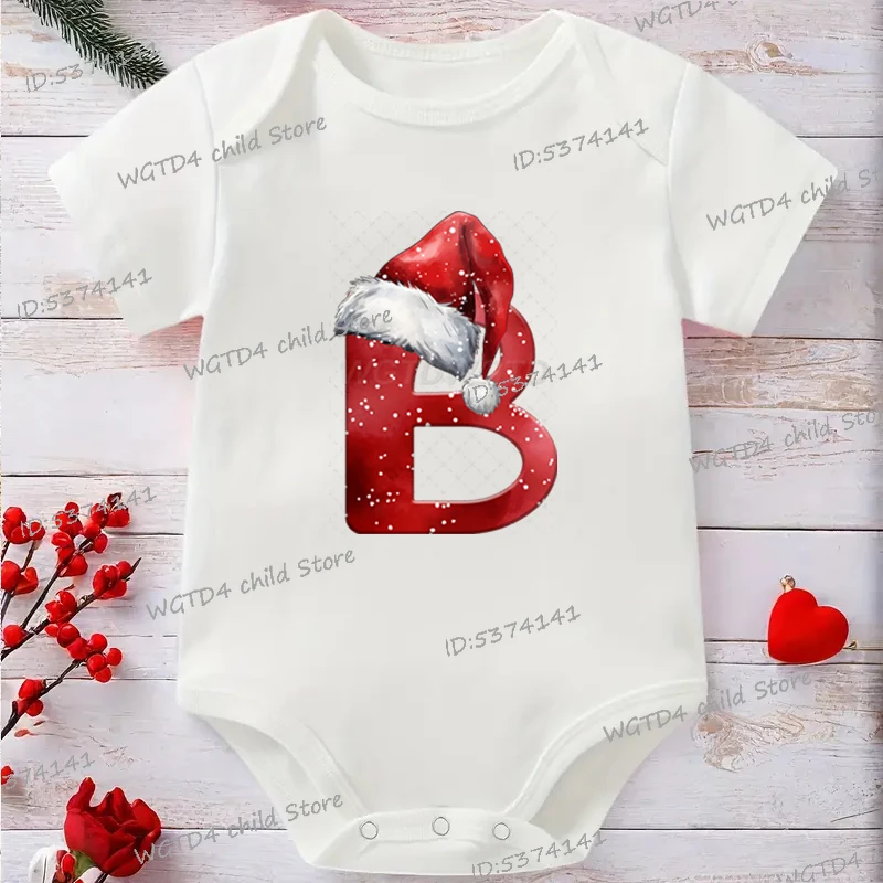 Świąteczne body dla noworodka z alfabetem A-Z, świąteczny kapelusz Świętego Mikołaja, nadruk litery K, świąteczny kombinezon dla dziewczynki i chłopca, bawełniany pajacyk.