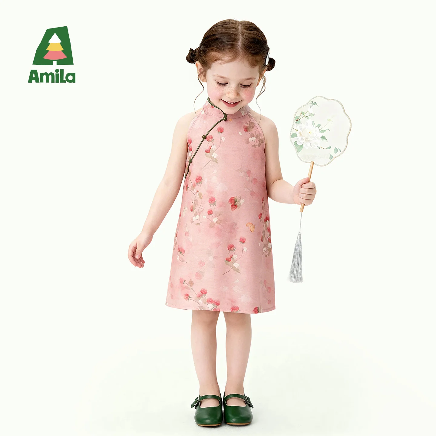 Amila 2026 Summer New Girls' Dress New Chinese Style Gentle Fragmented Flower Sleeveless Cheongsam Skirt