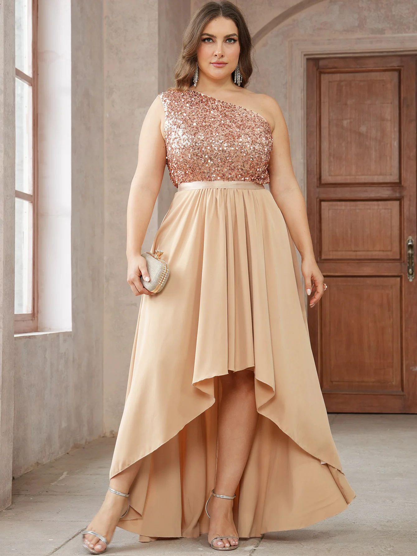 Women Plus Size Dress With Slanted Collar Sleeveless Sequins Loose Party Dress Stylish And Elegant Solid Color Dresses