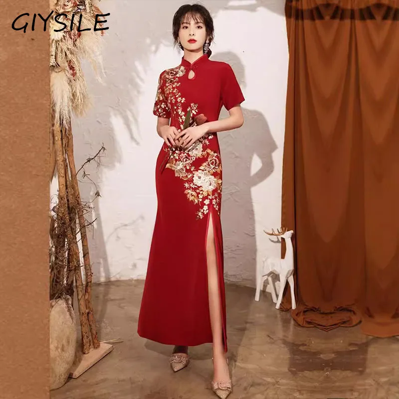 

Свадебное платье Cheongsam с китайской вышивкой, красное вечернее платье с короткими рукавами для женщин, сексуальное элегантное вечернее платье с разрезом