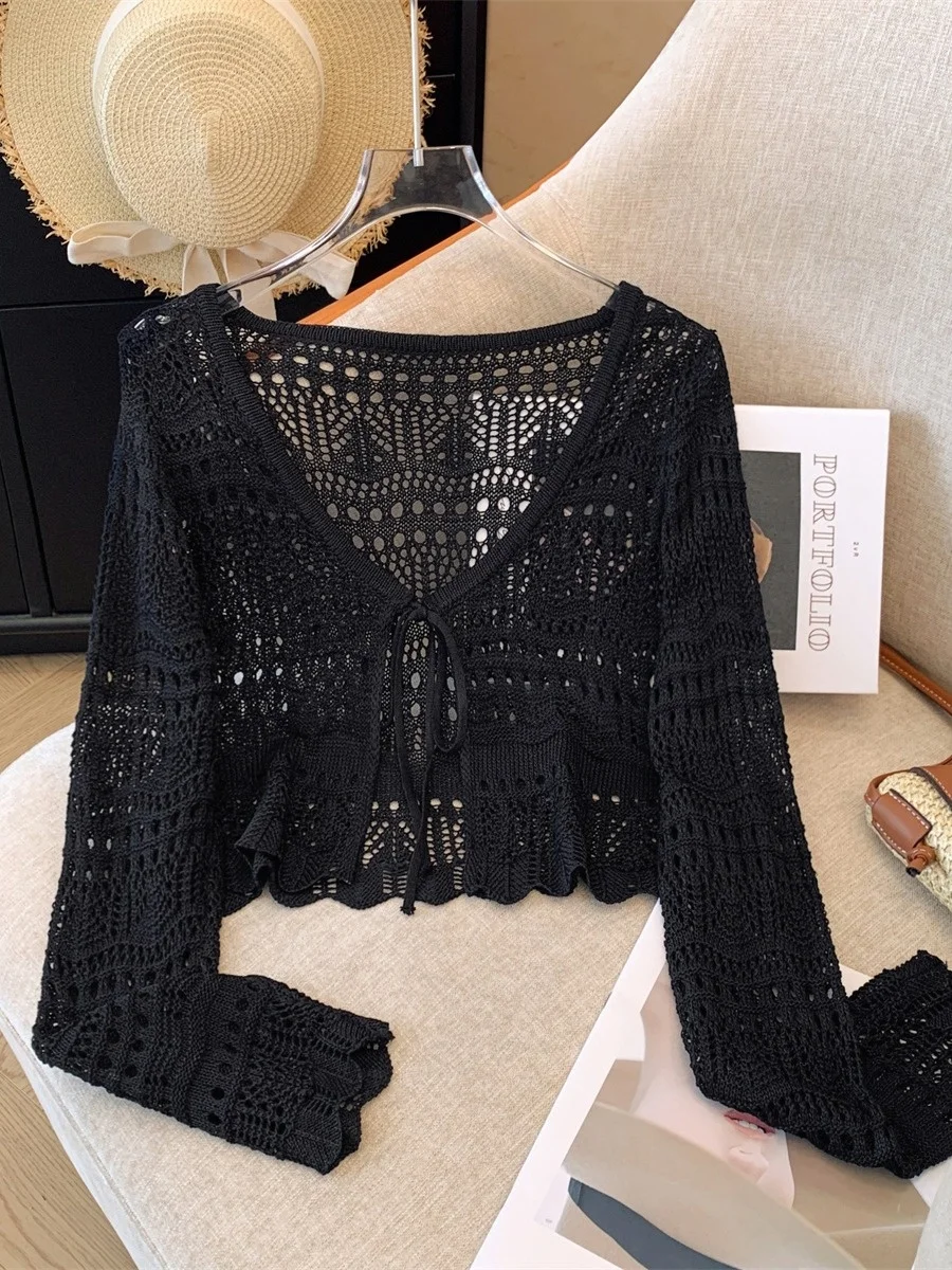 Women's Ice Silk Hollow out Knitted Cardigan Summer Sle with Strap Vest Outerwear Fiing Net Cover up Sun Protection ort...
