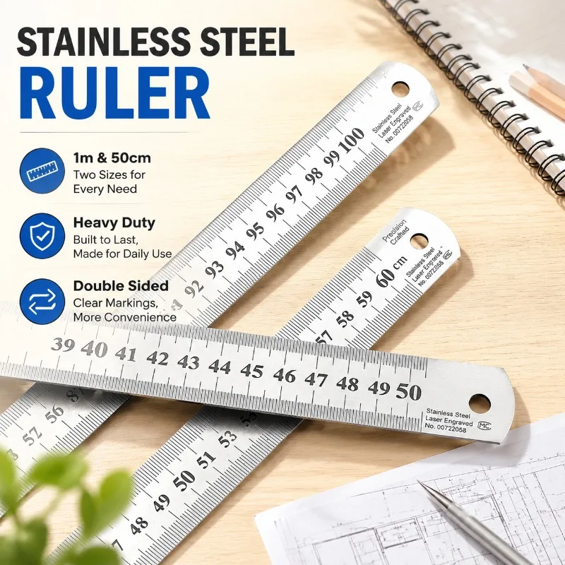 Thickened Stainless Steel Straight Ruler High Precision Double Sided Measuring Scale 50cm Metal Gauge  Student  Office