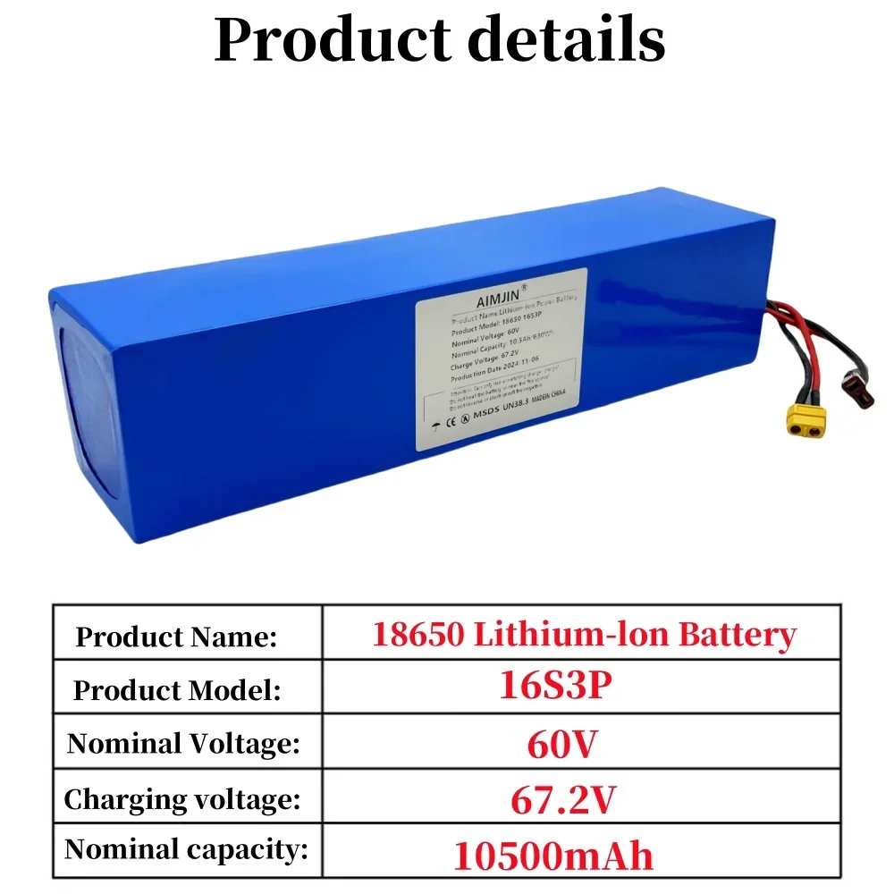 Batterie au lithium 16S3P, 60V, 10500mAh, adaptée au remplacement de batterie de vélo de montagne haute capacité, scooter électrique