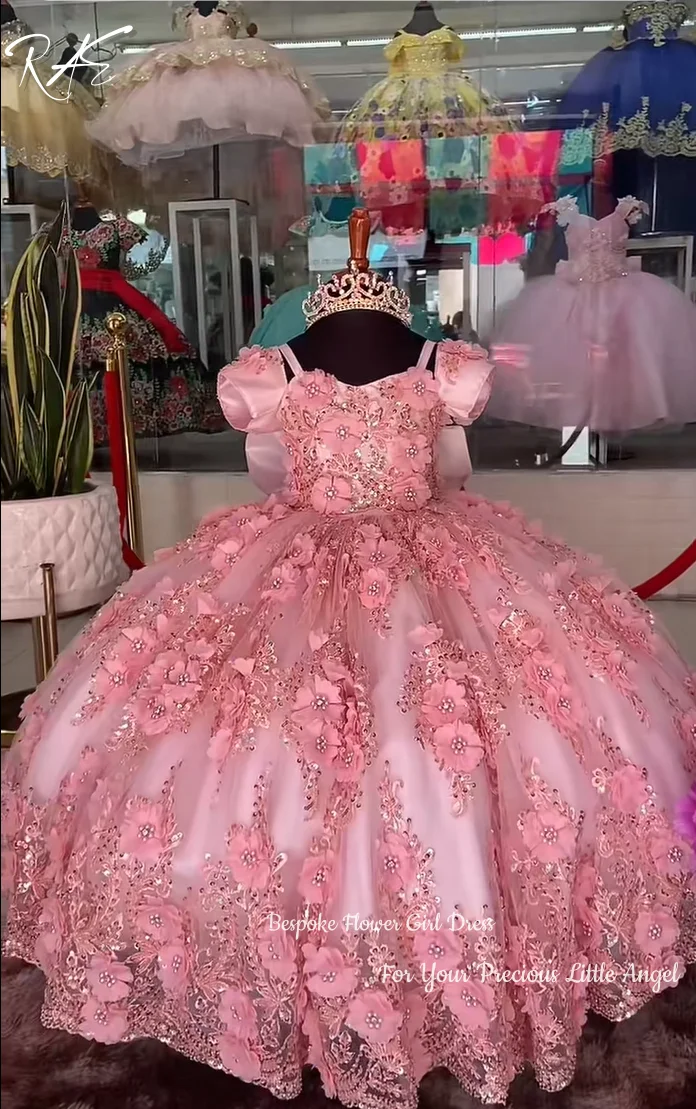 3D Floral Rhinestone Lace Flower Girl Dress For Wedding Birthday Pageant Floor‑Length Voluminous Tulle Princess Gown Customized