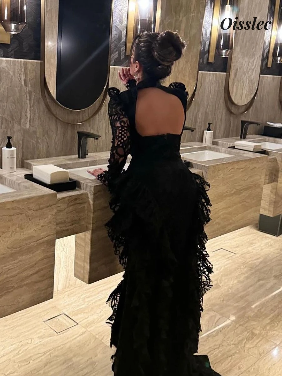 Oisslec Dress Elegant Vintage Sexy Black Lace Mermaid Backless Customize Formal Occasion Prom Dress Evening Party Gowns