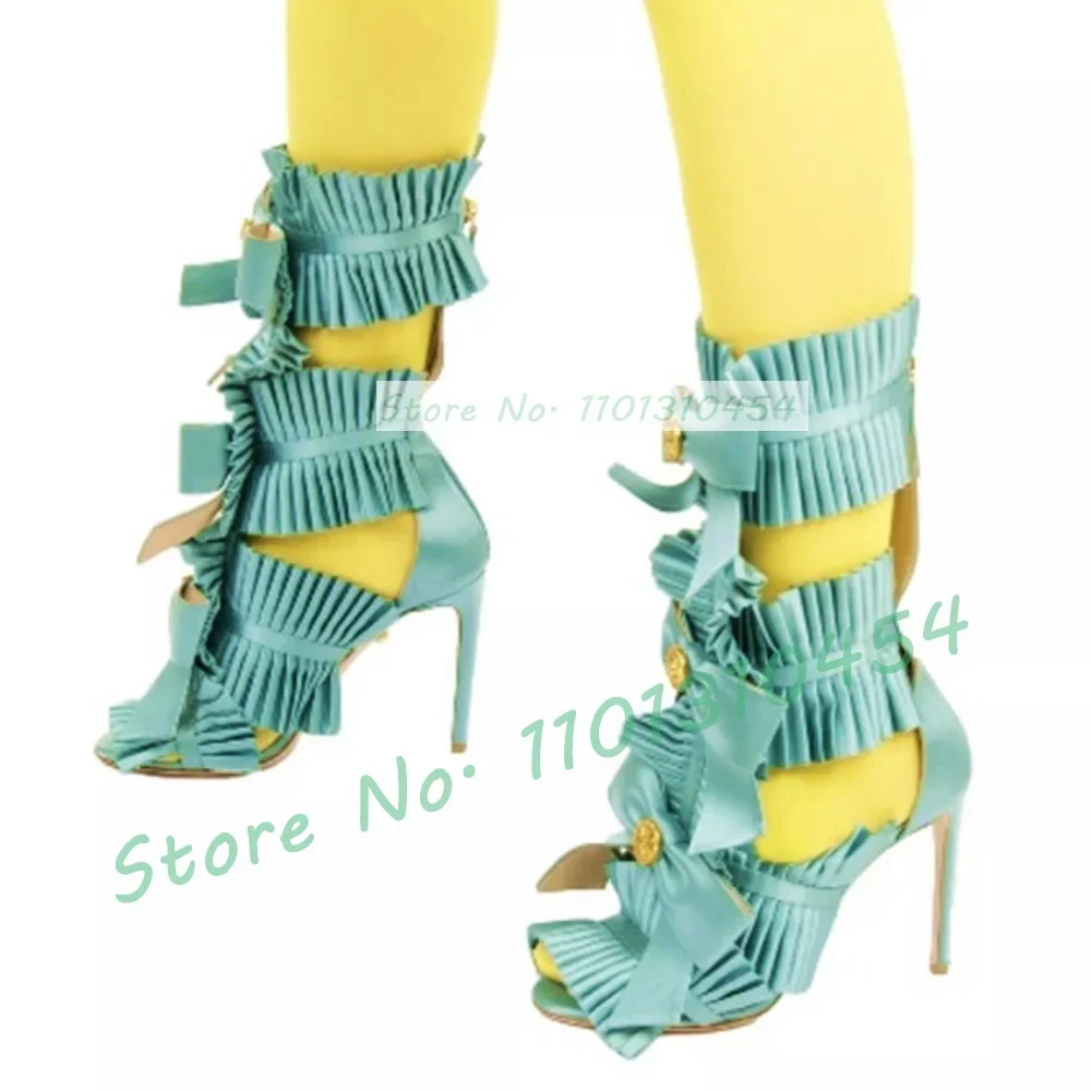 Pleated Bow High Heels Satin Mules Women Elegant Crossdressers Blue Stiletto Shoes Ladies Summer Back Zip Ruffles Dress Slippers