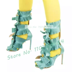 Pleated Bow High Heels Satin Mules Women Elegant Crossdressers Blue Stiletto Shoes Ladies Summer Back Zip Ruffles Dress Slippers