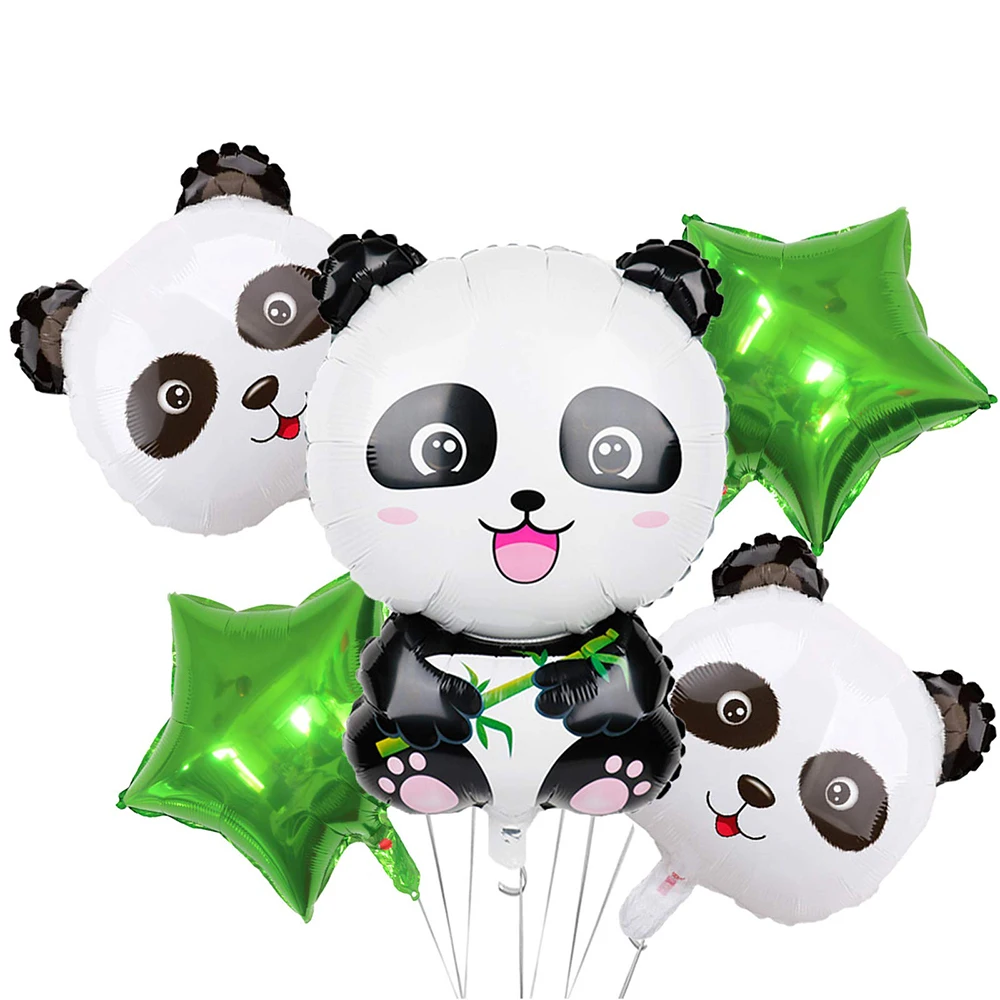 5-Piece Set of Panda Head and Star Aluminum Foil Balloons Suitable for Birthday Parties, Animal-Themed Birthday Party Decorations
