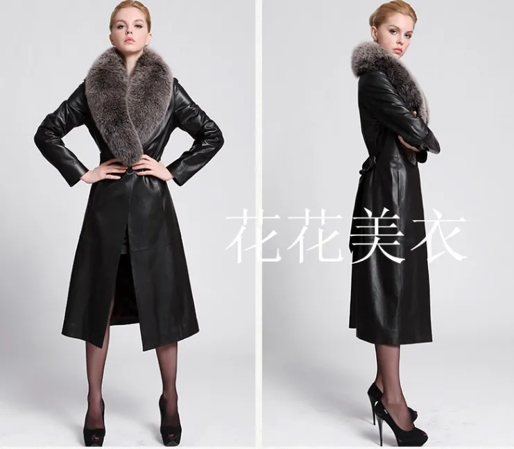 Trench Cappotto autunnale Collo in pelliccia di volpe imitazione Manica lunga nera Autunno e inverno Nuova giacca in pelle Pu Donna Slim lunga