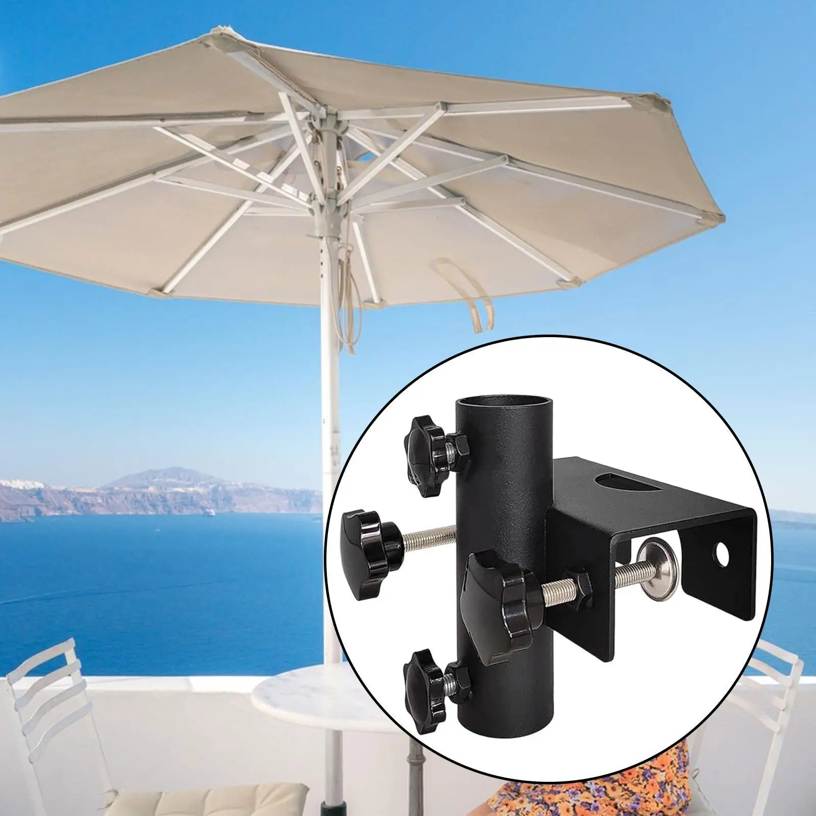 Deck Mount Base Flagpole Fixture Patio Umbrella Holder Parasol Stand Fixed Clip for Balcony Deck Railing Courtyard Garden Fence