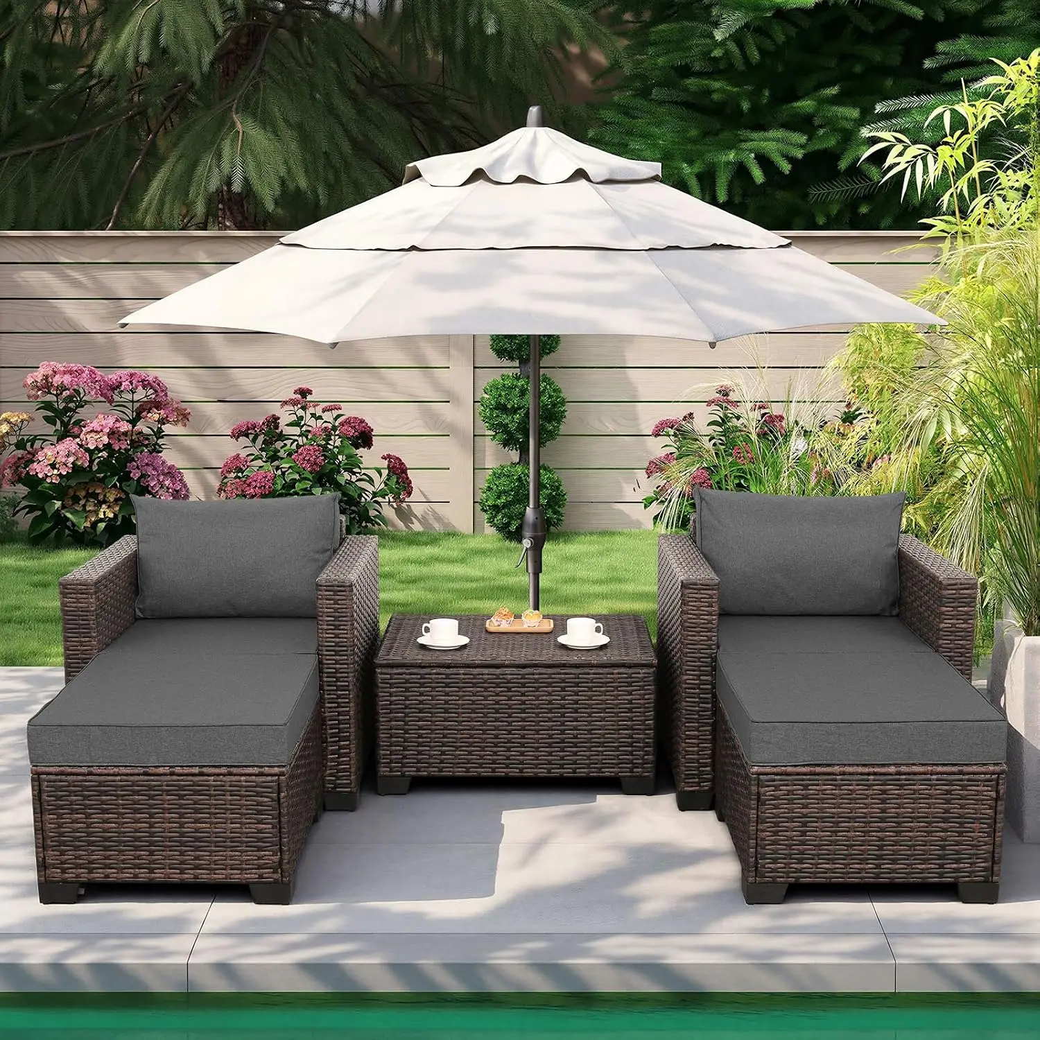 5-Piece HDPE Wicker Outdoor Chaise Lounge Set with Storage Table, Non-Slip Cushions & Waterproof Covers, Dark Grey, Customized