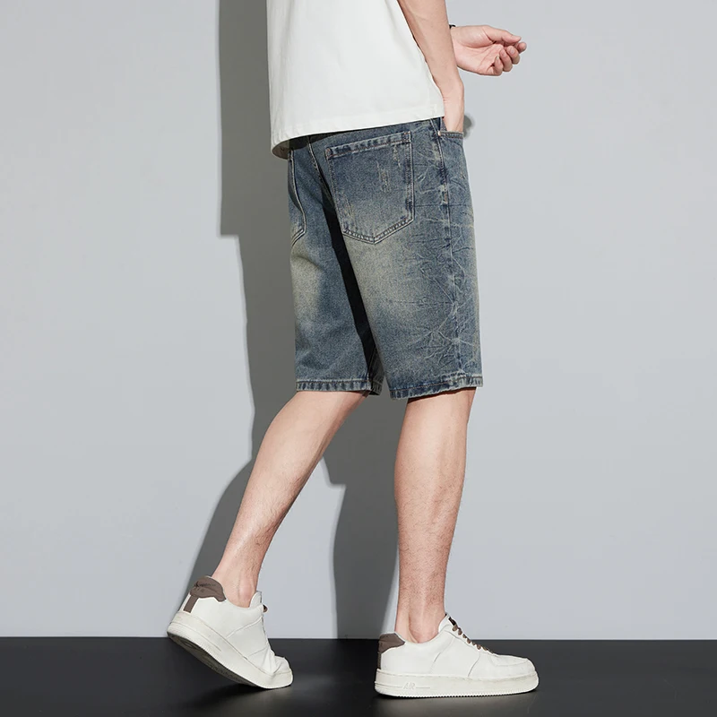 Men Denim Shorts Jeans 2024 Summer Shorts Fashion Pockets Retro Blue Men's Shorts Straight Slim Vintage Knee Length Pants images - 6