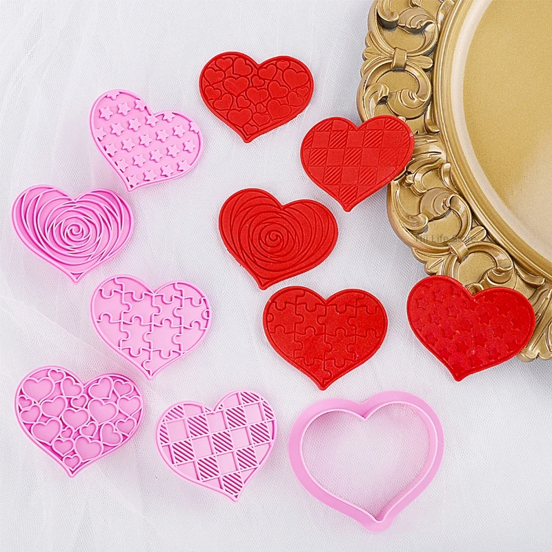 6pcs Heart Shape Stamp Polymer Clay Cutting Mold Valentine's Day Rose Pattern Embossing Texture Decoration Pottery Biscuit Mould