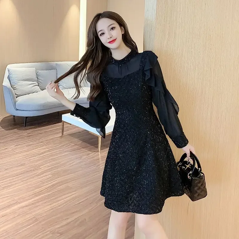 Topenomi Autumn Winter Dress Women Sequins Ruffles Mesh Long Sleeve Waist Slim A Line Party Dresess Elegant Fashion Vestidos