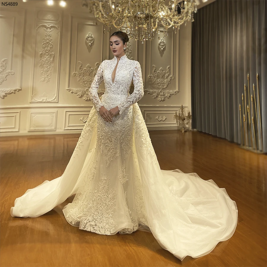 mermaid wedding dress with detachable skirt Customizable Modern Satin Long Sleeve Lace Decorated African Bridal Gown Plus Size Neck Silhouette Ivory Sequin Lace Mermaid Wedding