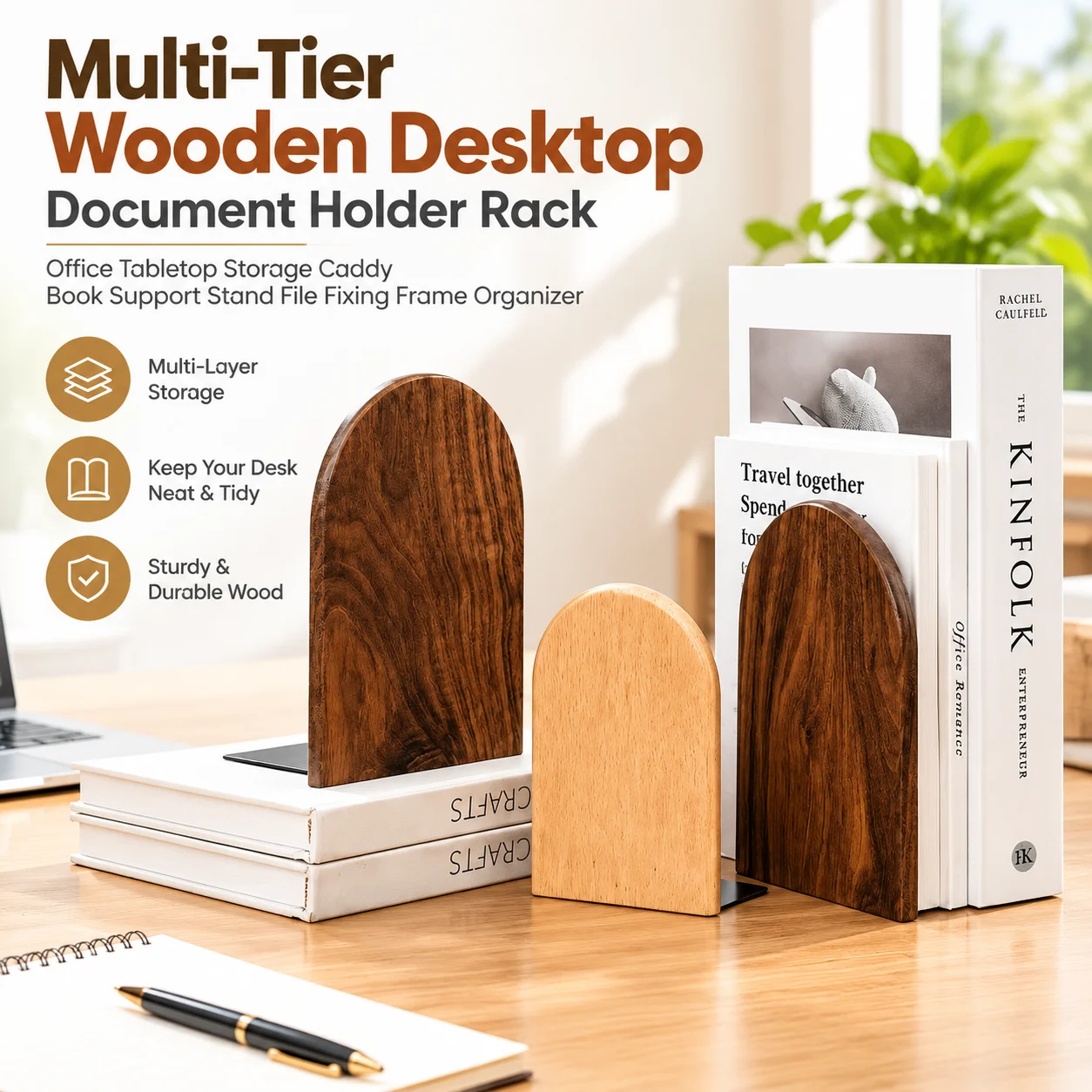 Multi-Tier Wooden Desktop Document Holder Rack Office Tabletop Storage Caddy Book Support Stand File Fixing Frame Organizer