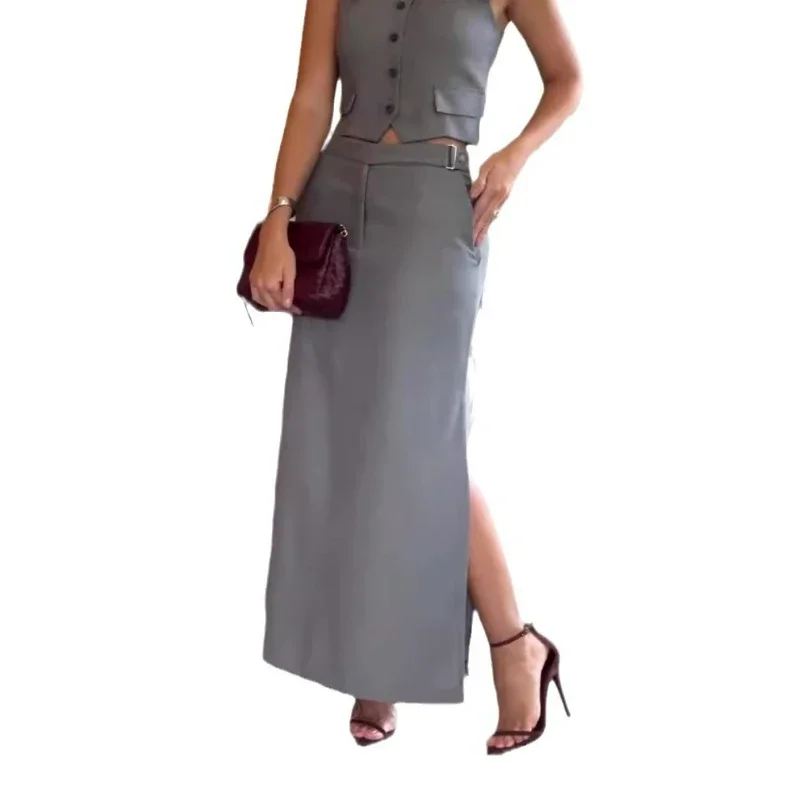 Women Two Piece Skirts Sets Sleeveless V Neck Vests Long Skirts A Line Solid Slim Fit Elegant Ladies High Waist Pockets