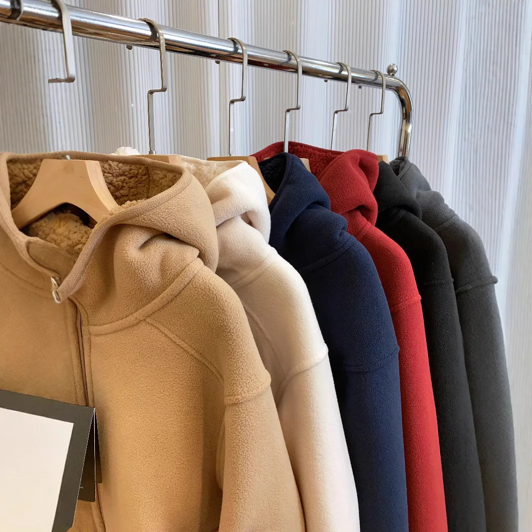 2026 Damen Fleece-Hoodies Frühling Sweatshirts mit Reißverschlusstaschen Lange Ärmel Kapuze Dick Locker Y2k Casual Büro-Dame Herbst Winter