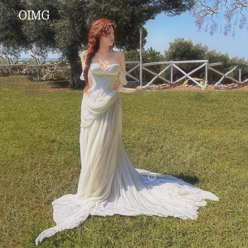 OIMG Boho Sweetheart-Ausschnitt A-Linie Abendkleid Schulterfrei Plissiertes Partykleid Bodenlang Garten-Abendkleid Maßanfertigung